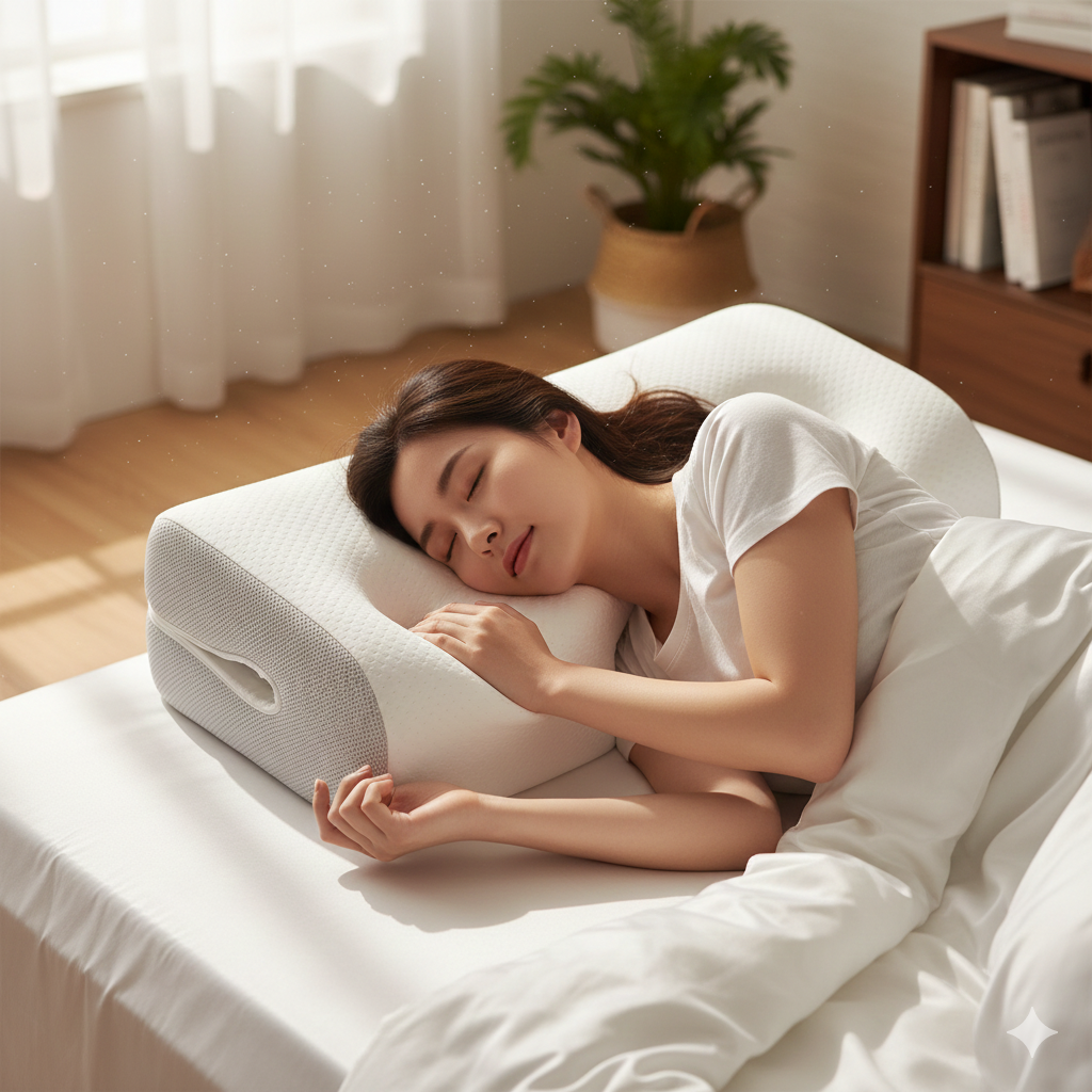 如果妳無法改變側睡的習慣，可以選擇專為美容設計的人體工學枕