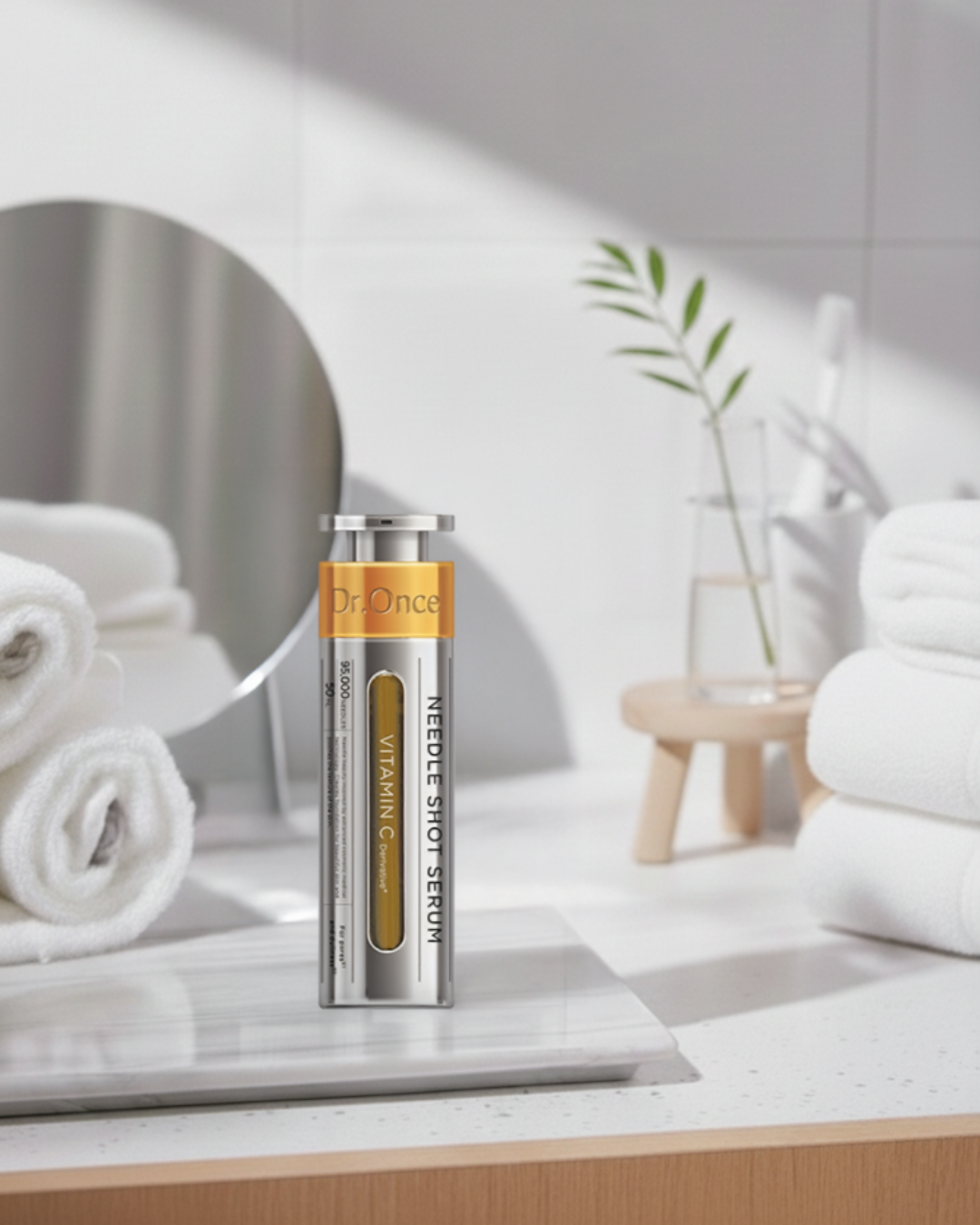 Dr.Once 黃色維他命 C 微針精華，銀色瓶身搭配黃色透視設計，突顯成分專業性