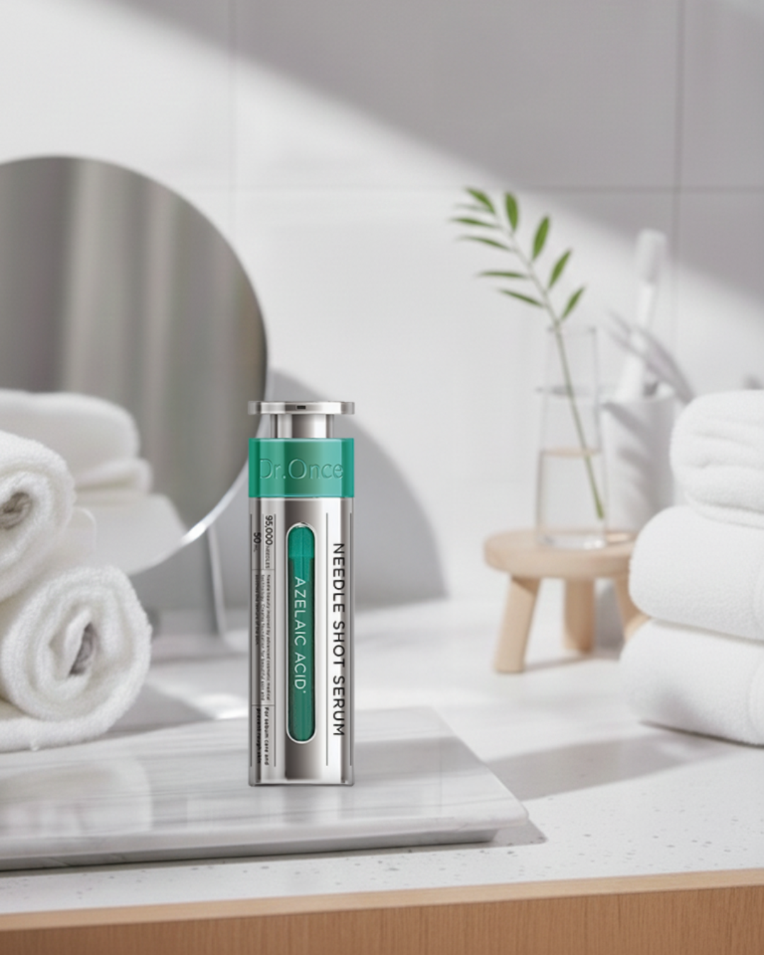 Dr.Once 藍綠色杜鵑花酸微針精華，銀色瓶身搭配藍綠色透視設計，正面特寫展示，標示 95,000 微針含量