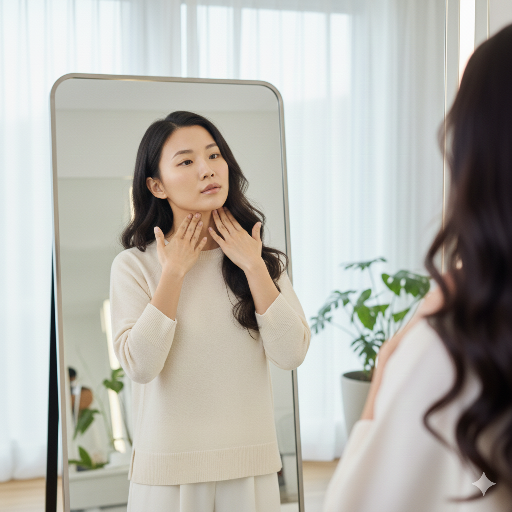 當妳的臉部肌膚緊實飽滿，而脖子上卻佈滿橫向、垂直的紋路時，強烈的對比會讓妳的整體視覺年齡瞬間增加5到10歲