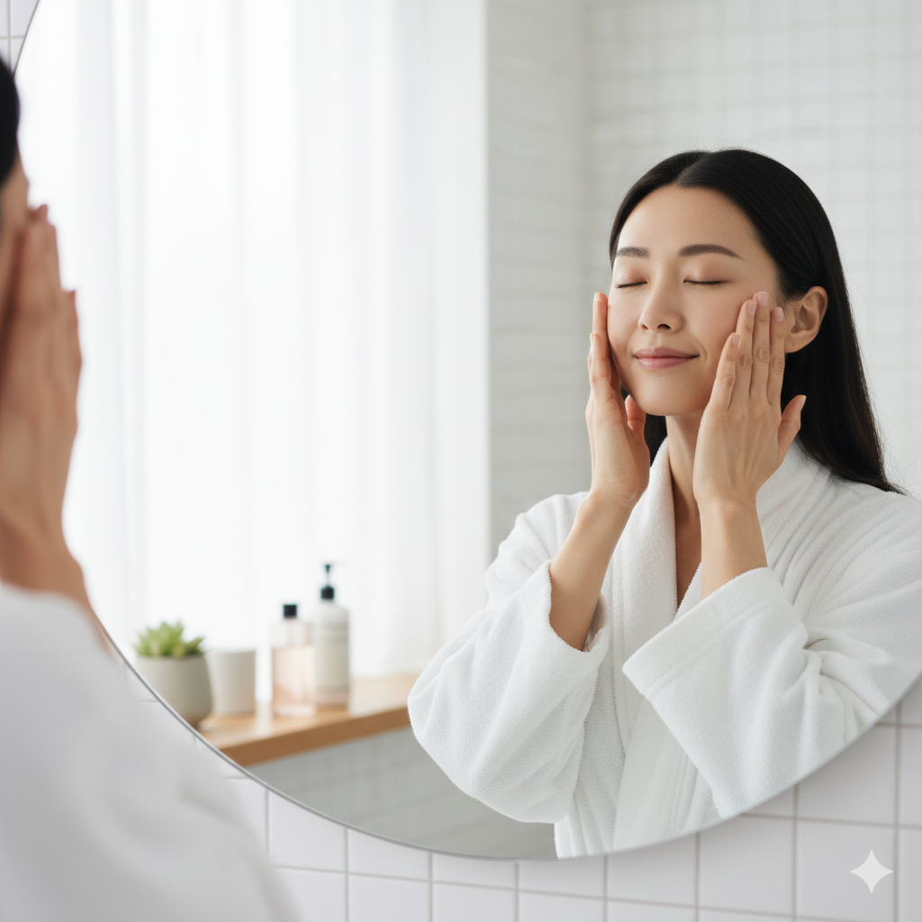 擦完保濕精華後，雙手搓熱，用力按壓臉部1分鐘