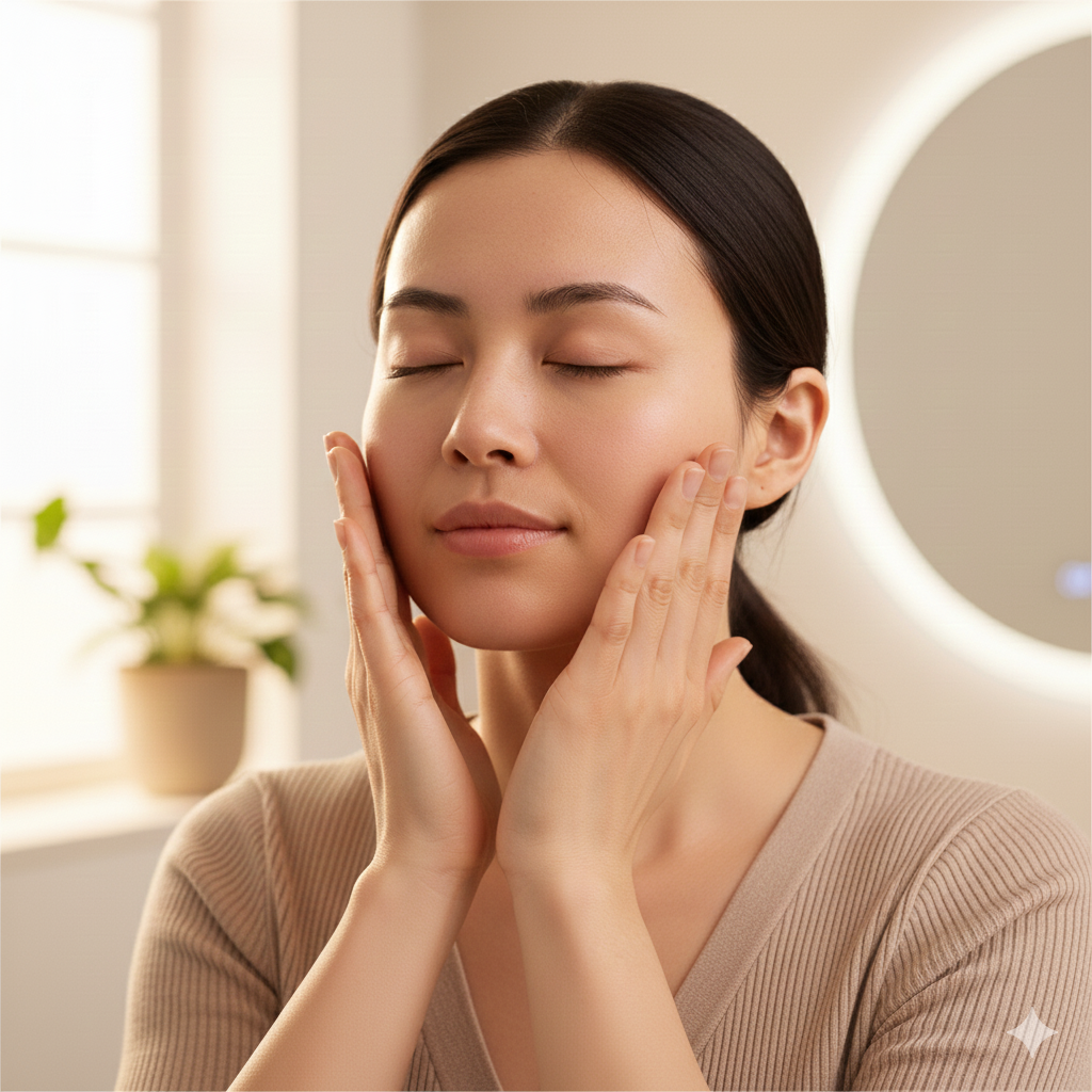 虎口卡住下巴，以手掌覆蓋臉頰，將臉部的肉輕輕向上、向外提拉