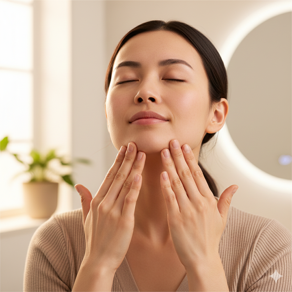 將四指併攏，從下巴中央開始，沿著下顎骨線條輕輕推至耳下