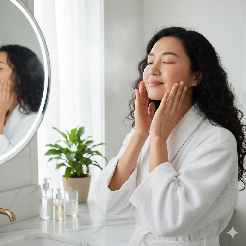 取適量保濕型化妝水於掌心，雙手搓熱後由內向外按壓全臉