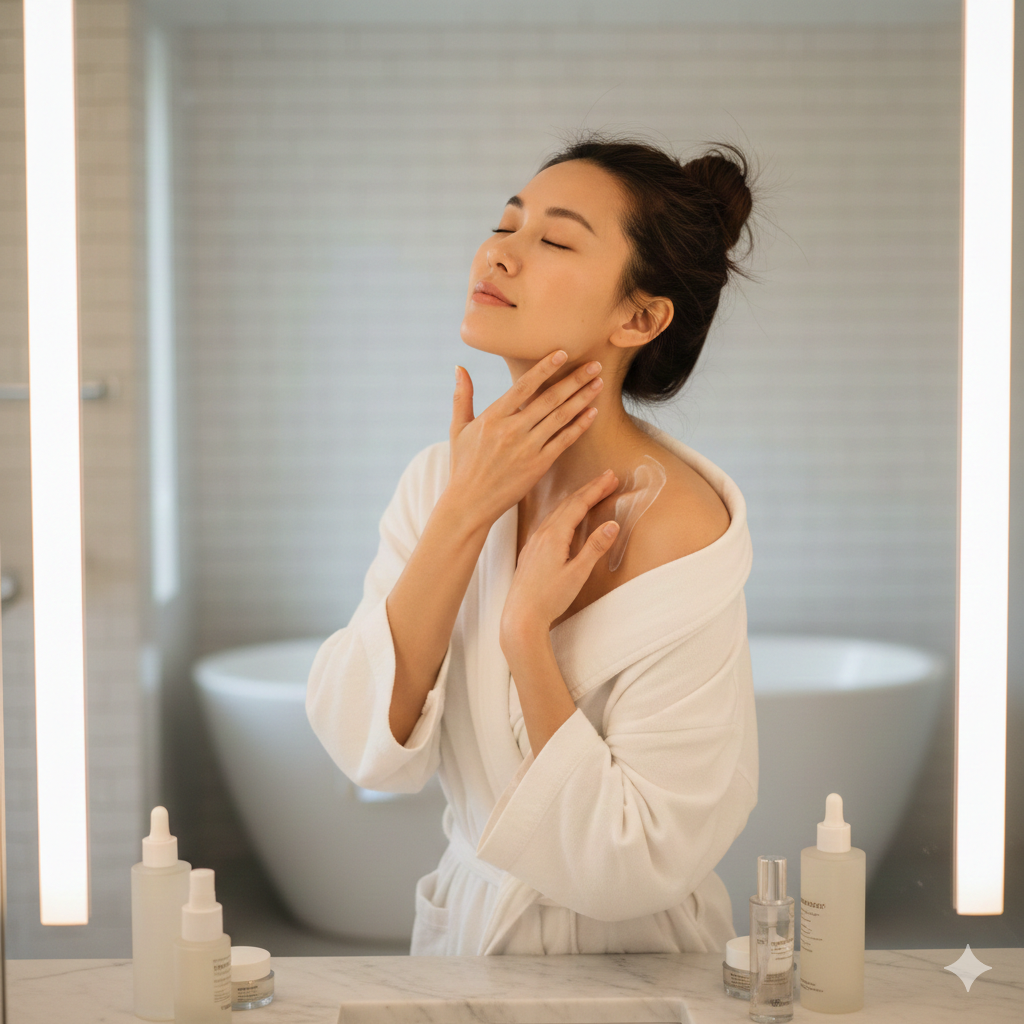 確保妳的保養範圍從下巴延伸至鎖骨，甚至擴及肩頸