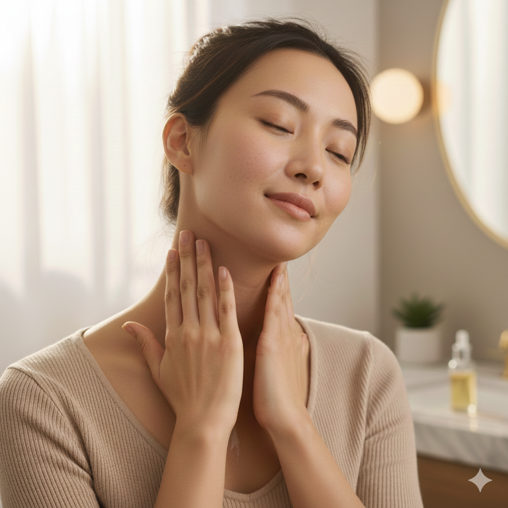 用食指、中指、無名指的指腹，按壓鎖骨上方凹陷處（鎖骨窩）輕柔地由內往外打圈按摩5-8次