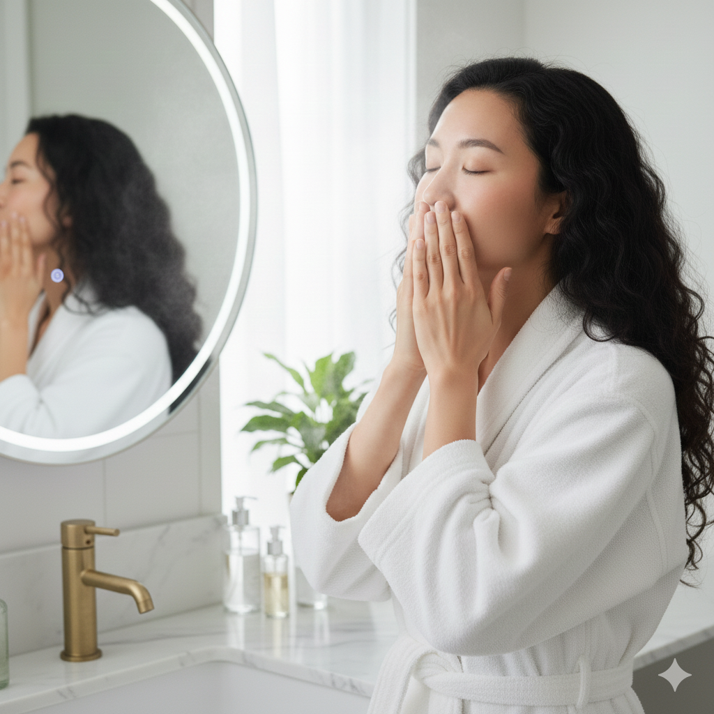 趁著臉部還微濕時，取一粒米大小的輕乳液或乳霜，在手掌推開後，快速包覆全臉5秒鐘