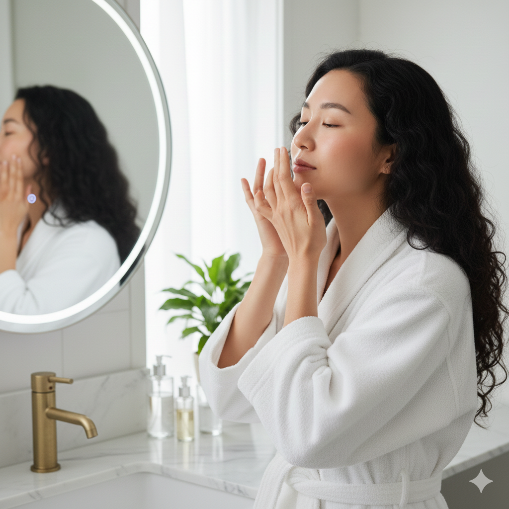 針對最容易乾燥脫妝的鼻翼、兩頰、眼周，以指腹輕輕點壓