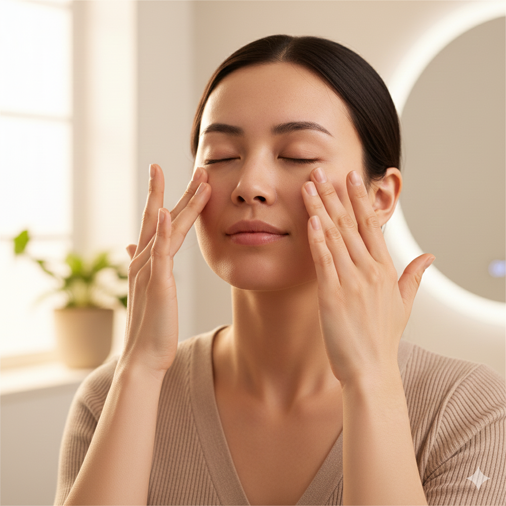 從眼頭輕柔地推向太陽穴，然後從太陽穴沿著耳朵側邊向下推至鎖骨