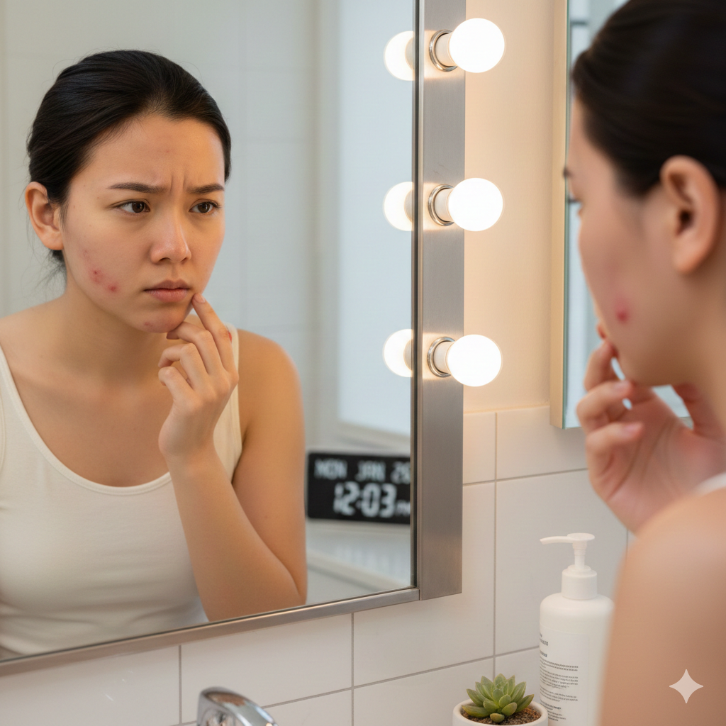 黃體素與雄性激素的雙重夾擊，讓油脂分泌失控，毛孔粗大且容易反覆冒出紅腫悶痘