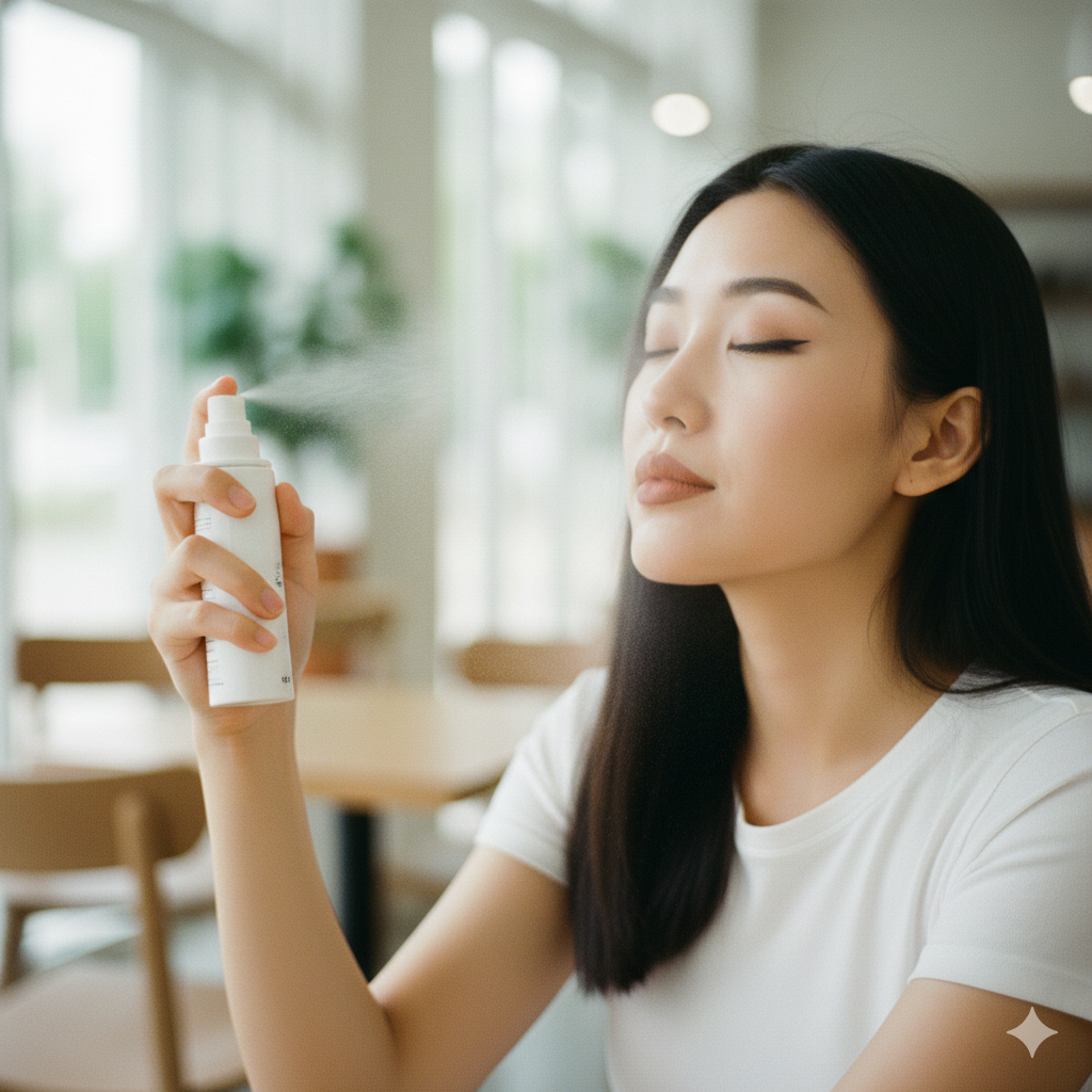 針對眼周與兩頰乾裂處，使用保濕噴霧遠距離噴灑全臉