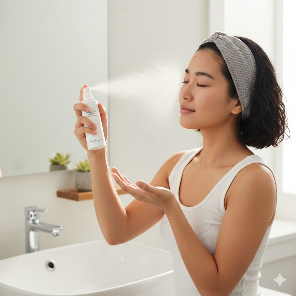 洗臉後，先用清爽、不含酒精的化妝水噴濕全臉。這個動作是為了調整肌膚pH值，並初步軟化乾硬的角質