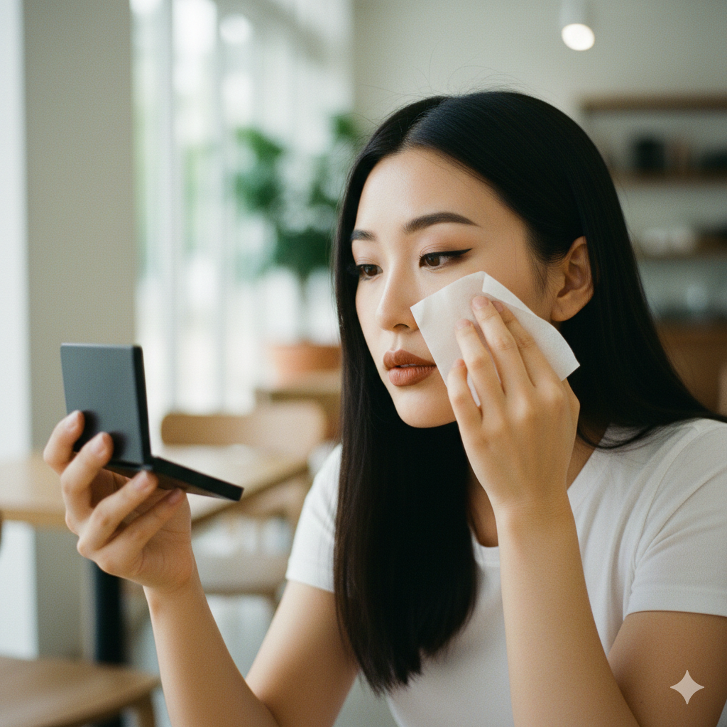 先用吸油面紙輕壓鼻翼與T字部位，吸走多餘油脂