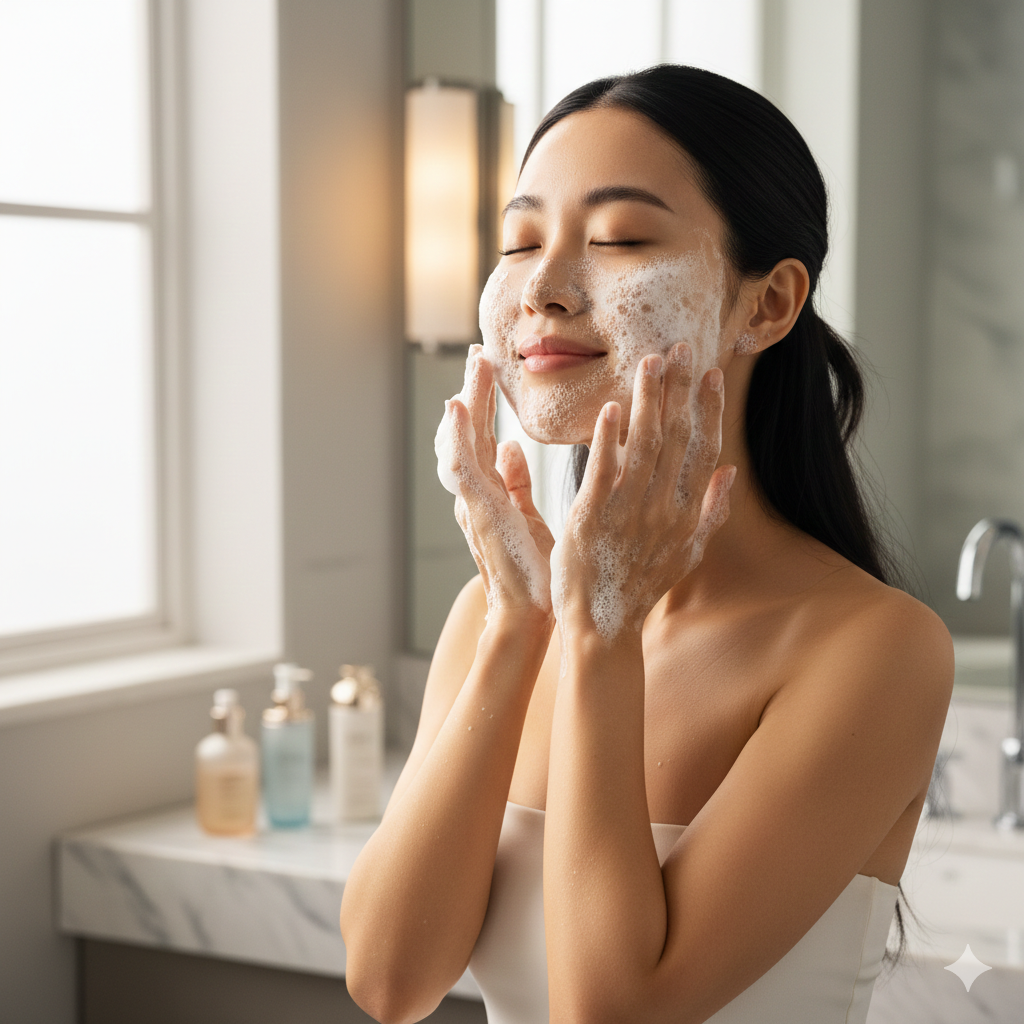 使用溫水配合成分單純的胺基酸洗面乳，以指腹輕輕打圈按摩，重點加強暗瘡預備區