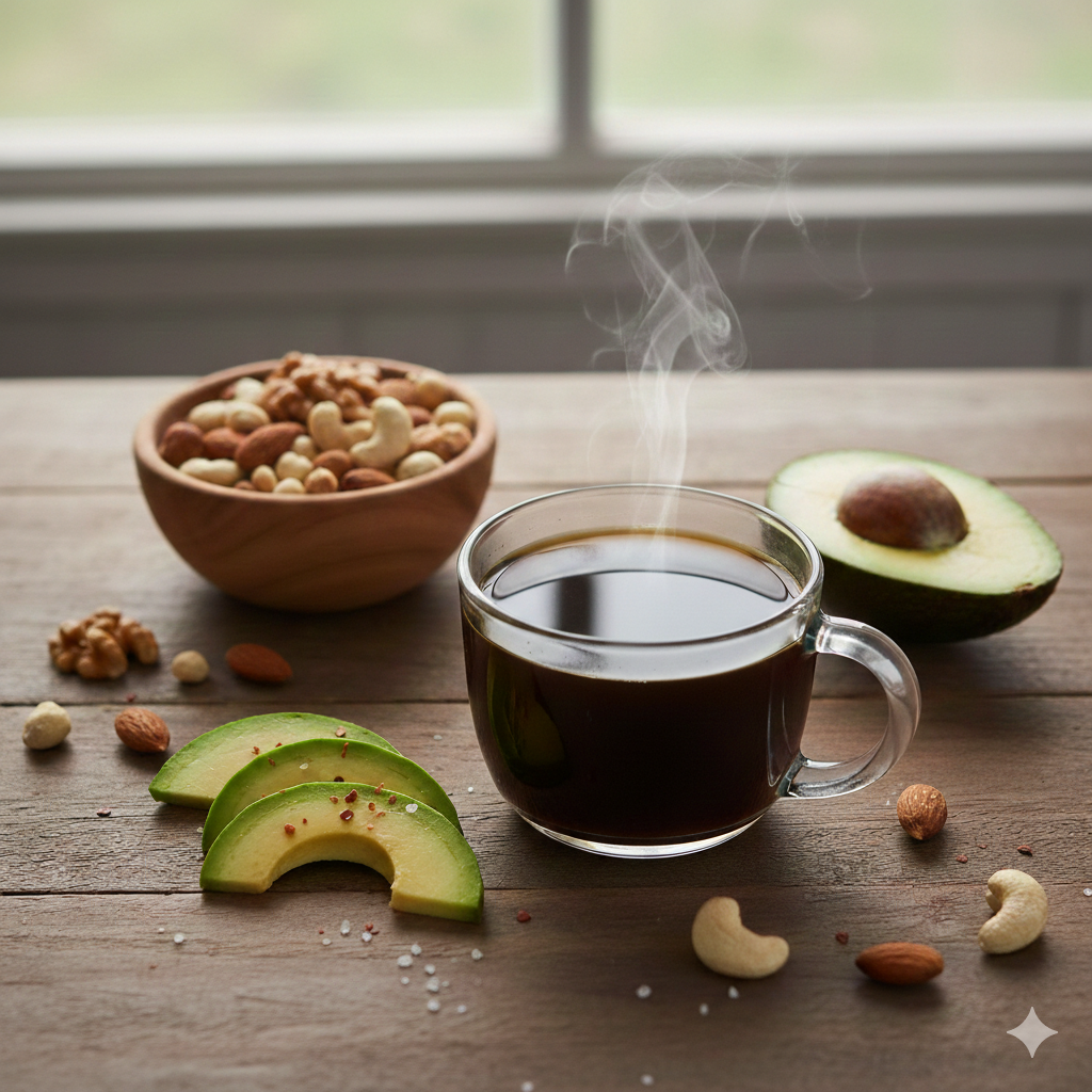 在餐點中加入幾顆原味堅果、幾片酪梨，或在咖啡中滴入少許優質橄欖油