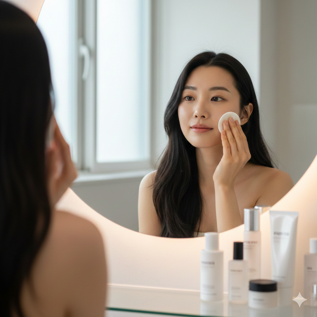 妝前使用含有微量植物酸或高保濕型的爽膚水（化妝水），沾濕化妝棉，順著肌膚紋理輕輕擦拭