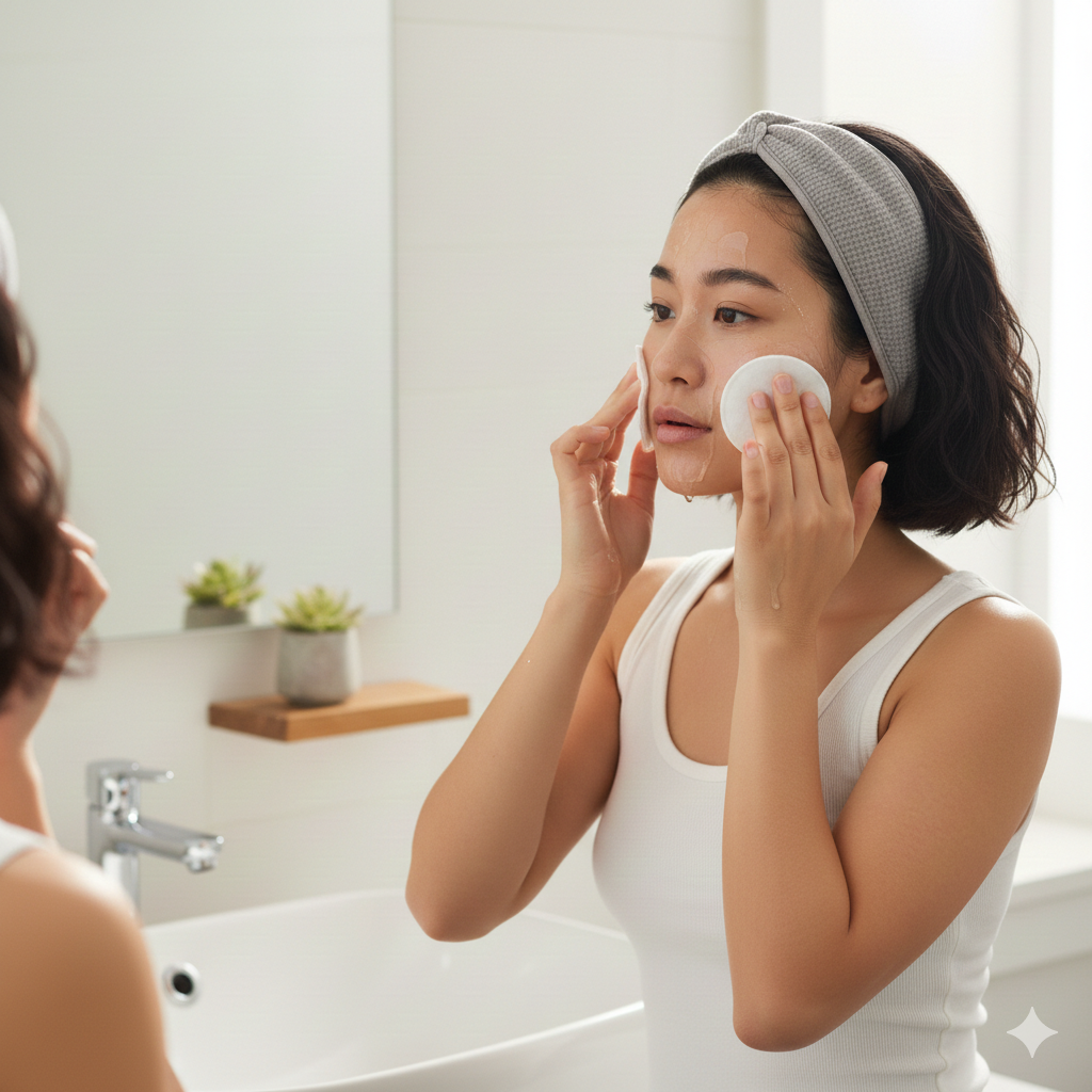 使用純棉化妝棉，用化妝水徹底浸透後，平貼在塗有精華液的部位