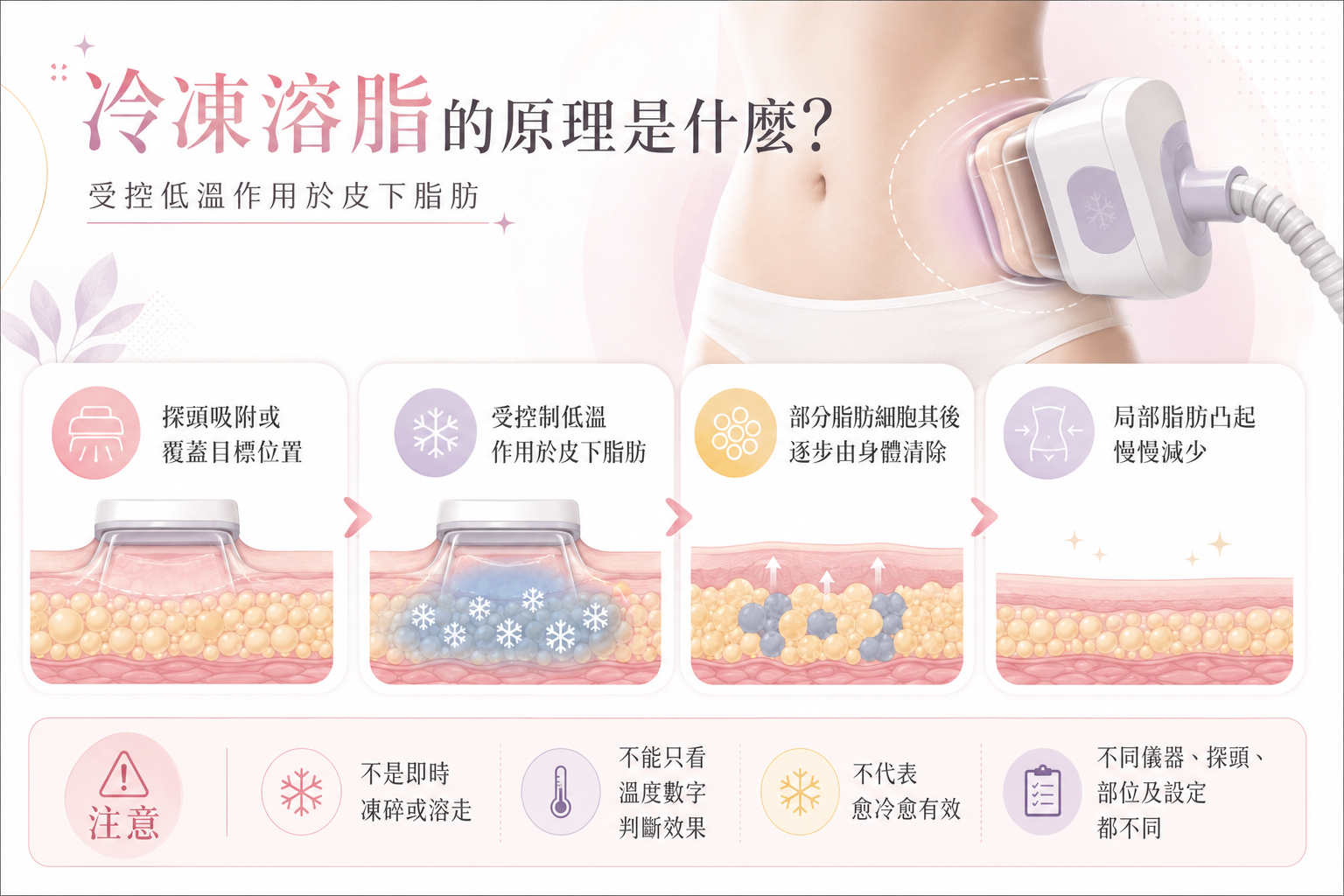冷凍溶脂作用原理圖解：從低溫探頭吸附、脂肪細胞受損到體內自然代謝與凸起減少的完整流程。