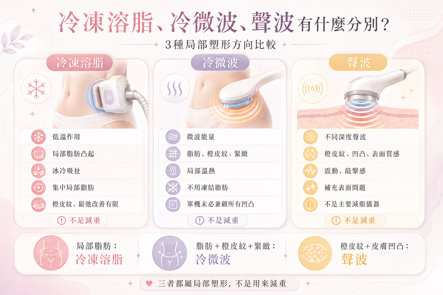 冷凍溶脂、Onda Pro冷微波及DUOLITH® AWT聲波三種體雕療程比較圖：以精簡圖案直觀展示作用方式、主要改善和療程感覺的關鍵分別。