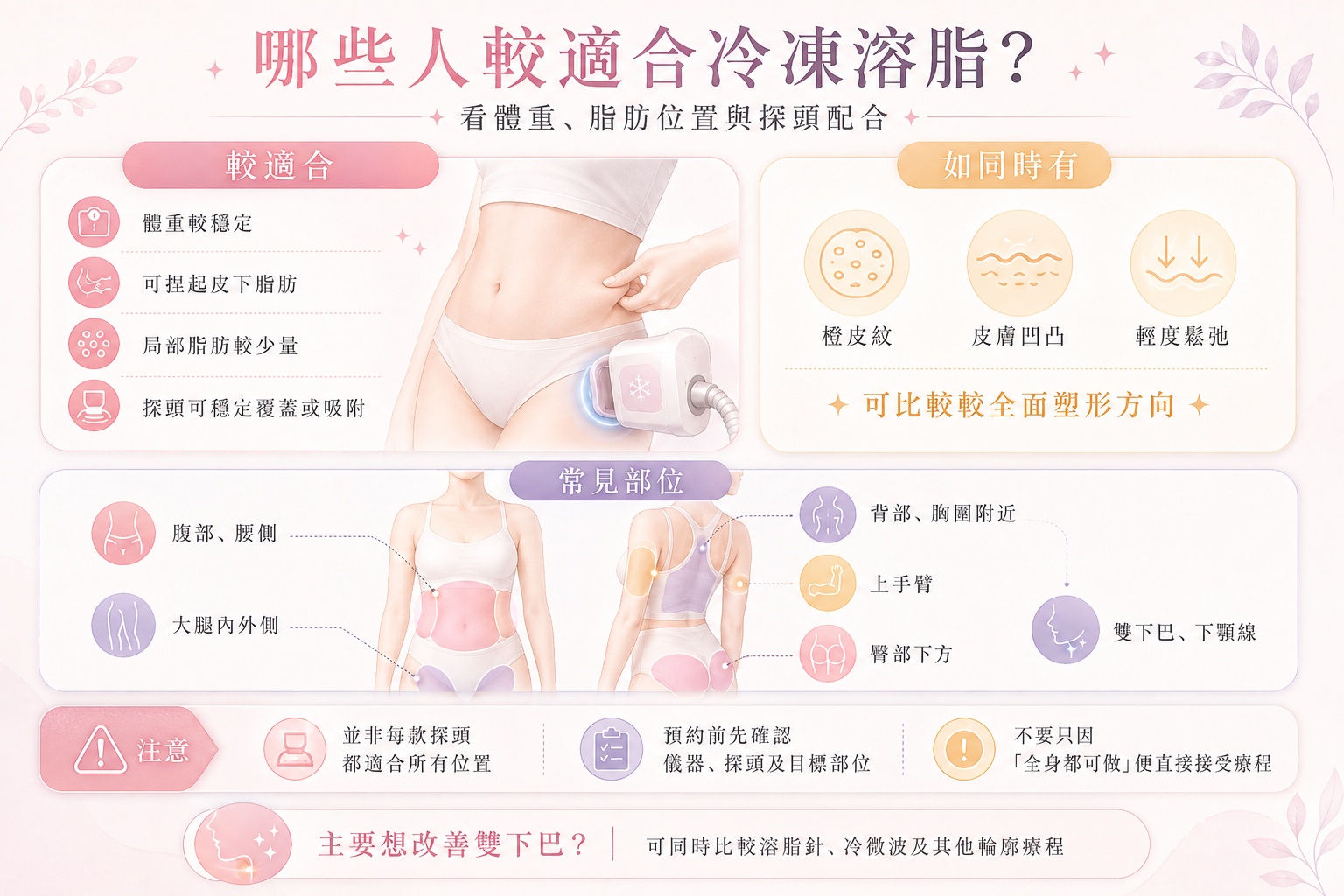 冷凍溶脂適合對象與常見部位圖解：標註腹部、腰側、大腿、手臂及雙下巴等6大處理位置，並提供皮下脂肪評估與探頭選擇建議。 
