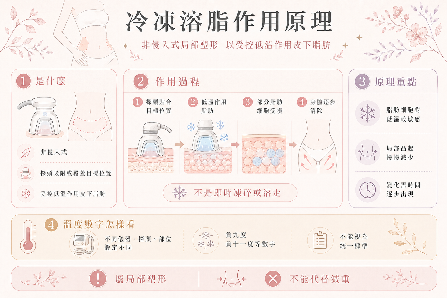 冷凍溶脂原理與步驟圖解:受控低溫降溫、脂肪細胞結晶受損及身體自然代謝清除過程。
