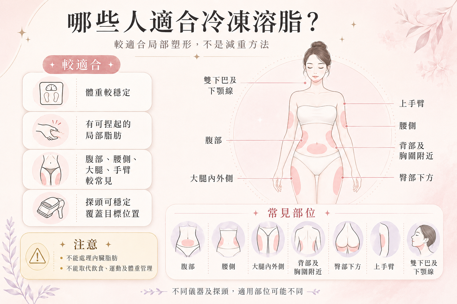 冷凍溶脂適合對象條件與6大常見施作部位(雙下巴、手臂、背部、腹腰、大腿、臀下)總覽圖。