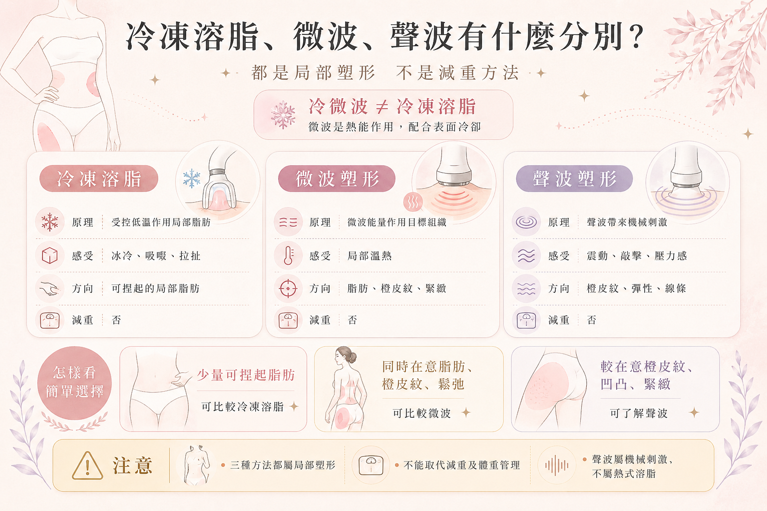 冷凍溶脂、Onda Pro微波與DUOLITH® AWT聲波的作用方式、療程感覺及主要改善方向比較圖。