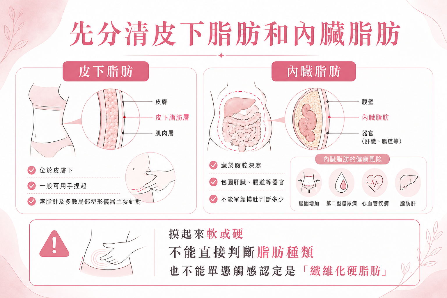 皮下脂肪與內臟脂肪位置對照圖,說明可捏起的皮下脂肪與腹腔深處內臟脂肪的分別。