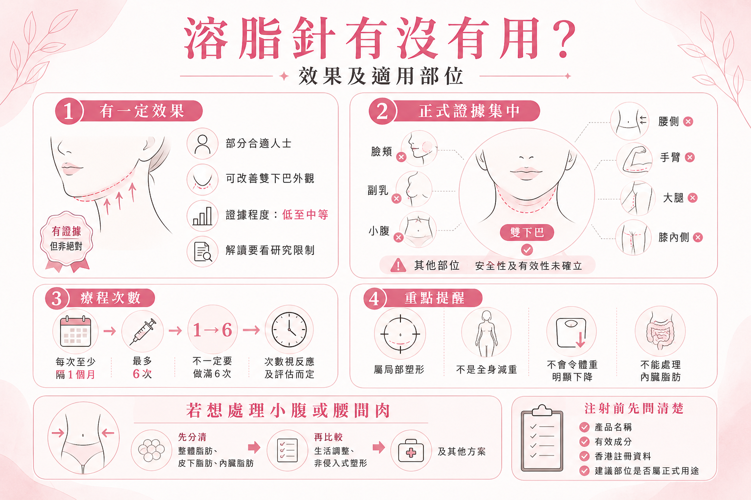 溶脂針效果與適用部位圖解,說明正式證據主要集中於雙下巴,而小腹、腰側、手臂及大腿的效果尚未確立。