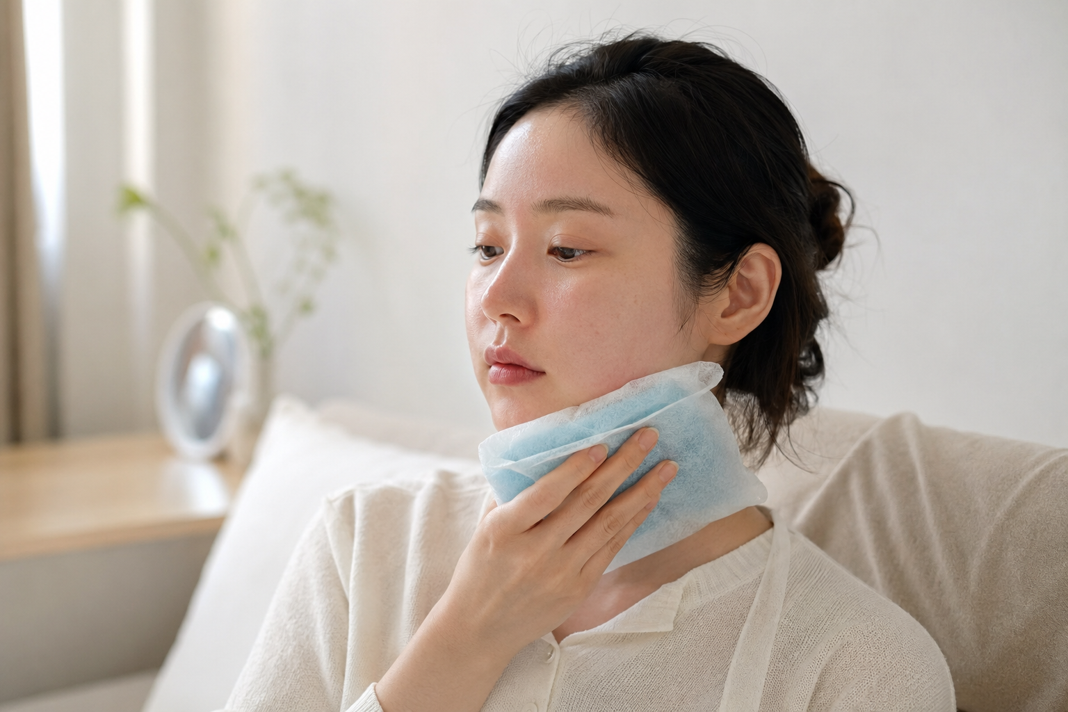 女生接受溶脂針後在家用冰袋敷下巴位置。